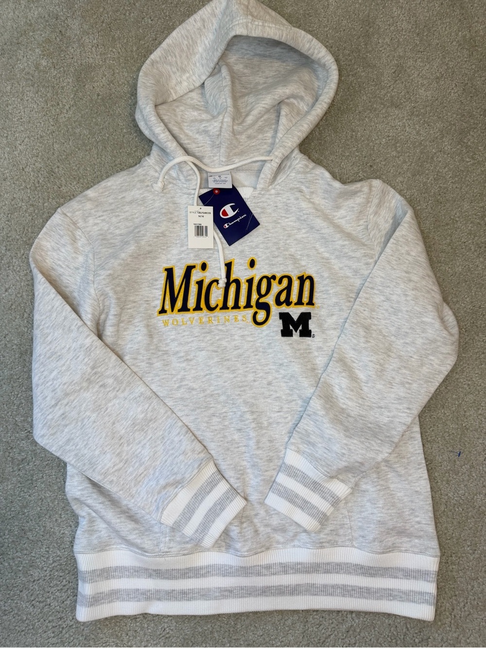 Vintage Champion Light Gray Michigan Hoodie with Yellow and Black Embroidery